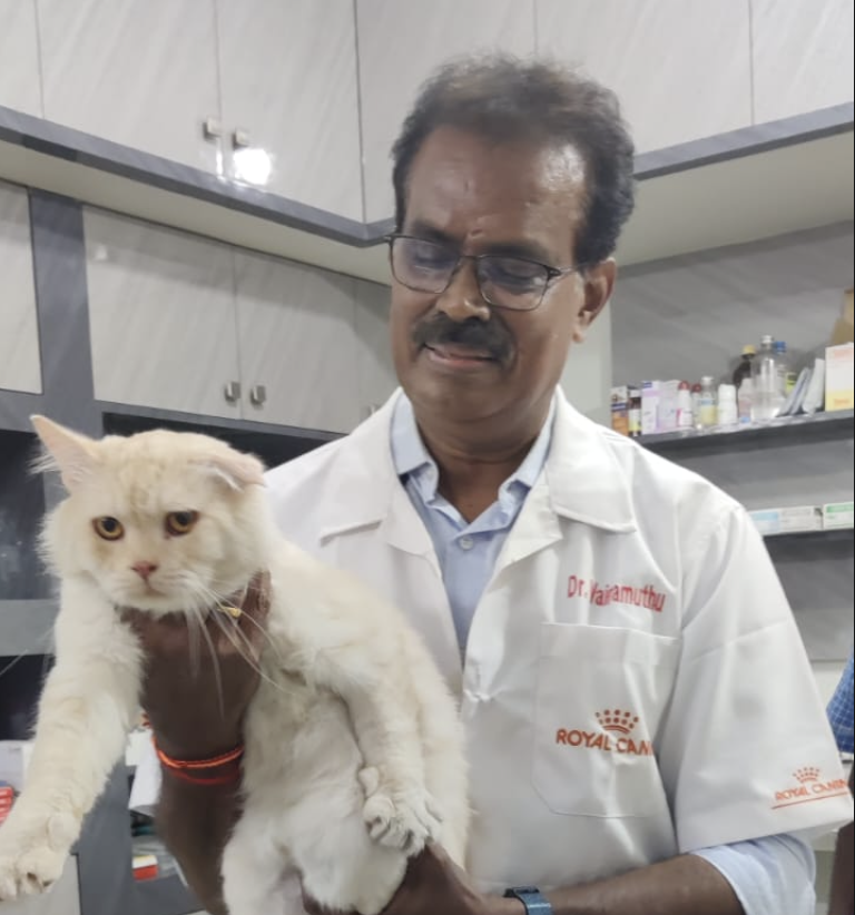 Dr. Vairamuthu holding a cat at the clinic